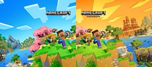 Artes promocionais de Minecraft Standard Edition e de Minecraft Deluxe Edition exibidas lado a lado. As duas imagens mostram Steve e Alex saindo de uma caverna em uma colina do mundo Minecraft.