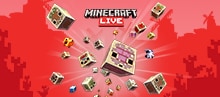 A variety of Minecraft sulfur blocks and mobs burst forth from a central light against a vibrant red background. Text reads "Minecraft LIVE."