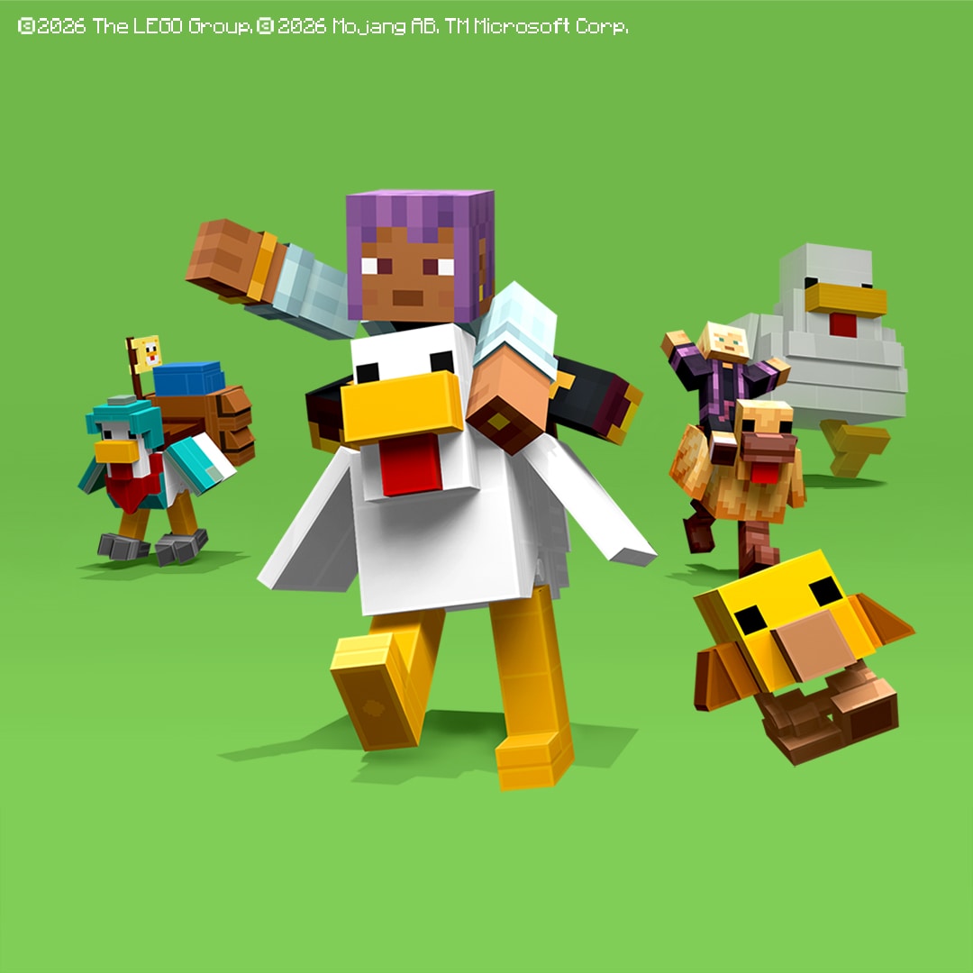 Characters riding LEGO® Minecraft Chicken Mounts run forward against a green background.