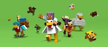Characters riding LEGO® Minecraft Chicken Mounts run forward against a green background.
