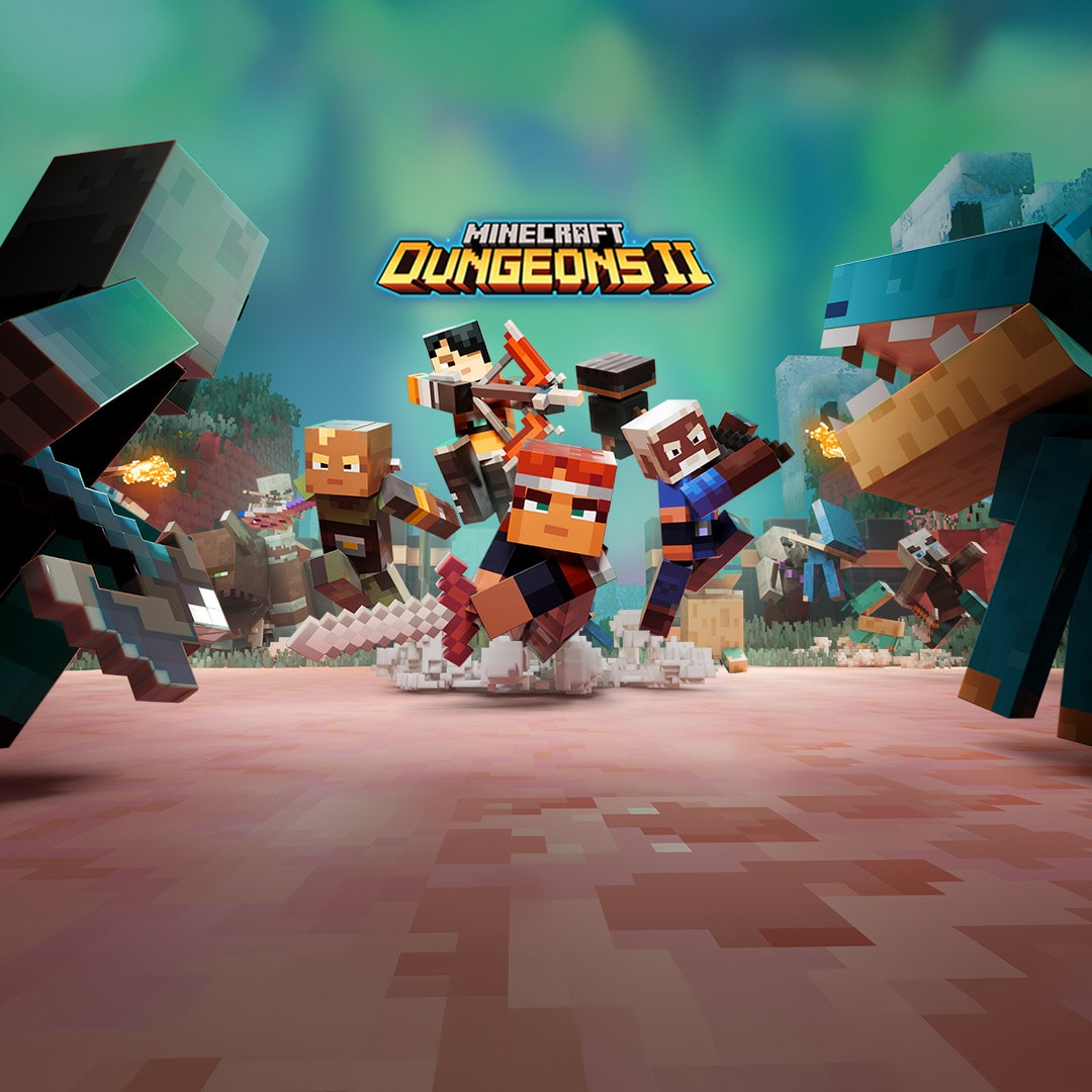 Postacie z gry Minecraft walczą z wrogimi mobami, podczas gdy bohater szarżuje z mieczem w ręku.