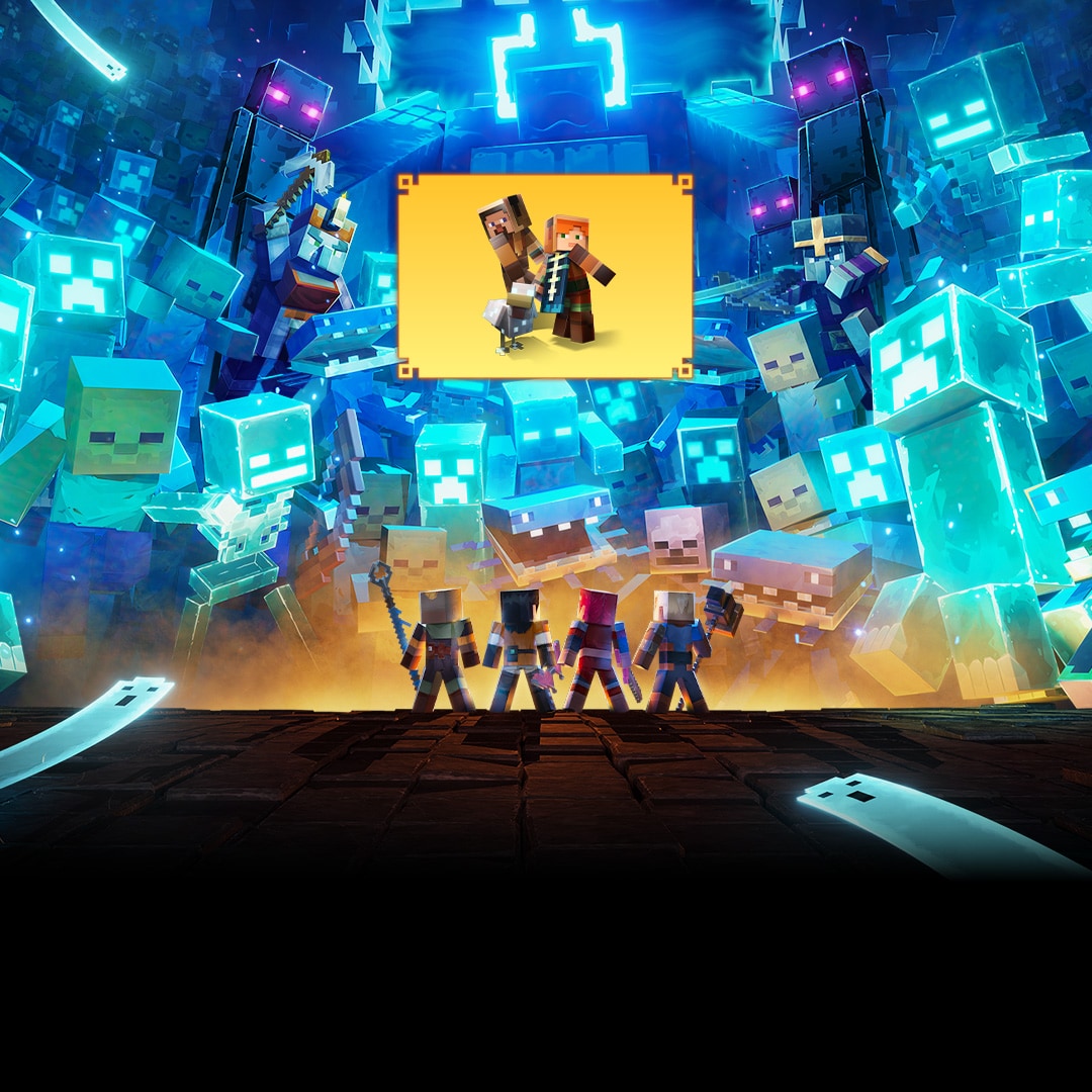 Flying souls and a horde of glowing enemy mobs loom over four heroes. An inset shows the Twisted Chicken pet and Steve and Alex in new adventure gear, including the Twisted Cape.