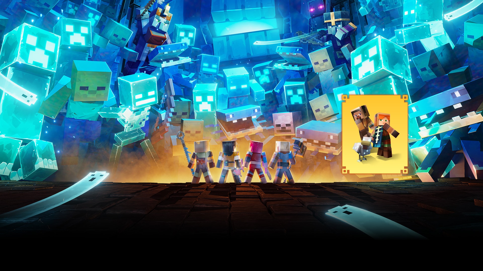 Four Minecraft Dungeons II heroes face a horde of glowing spectral enemies, with the pre-order bonus pet and skins shown in an inset