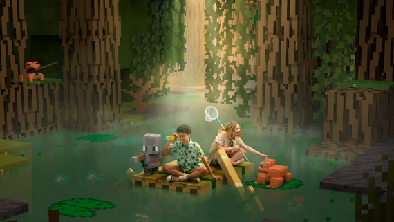 Two children sitting on a wooden raft and one child holds a paddle, while another sits and a small robot watches.