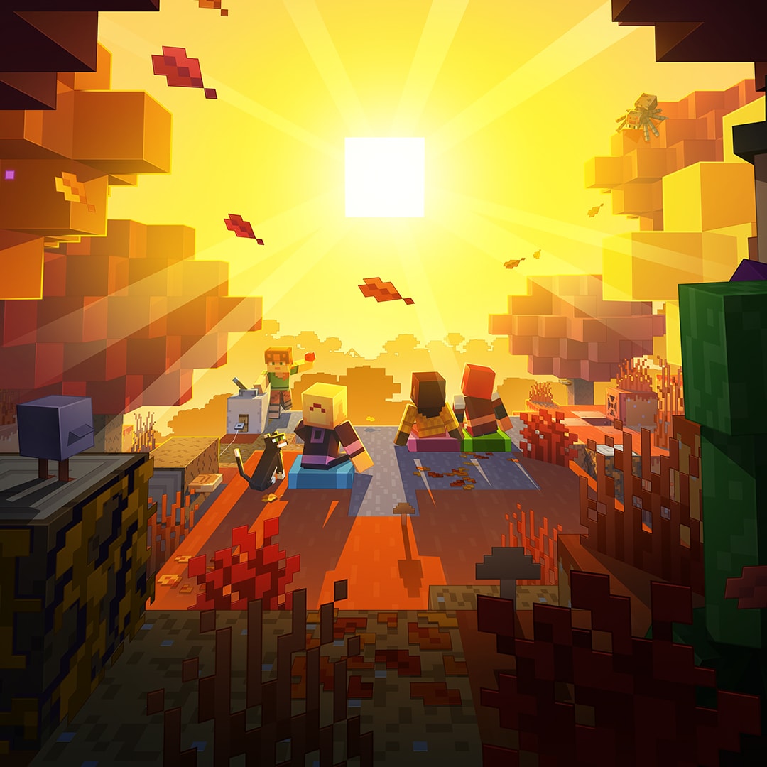 Minecraft-Spielerinnen und -Spieler sitzen auf Kissen in einem herbstlichen Wald und blicken in eine strahlende Sonne. Eine andere spielende Person steht ihnen gegenüber und legt einen Schalter um.