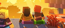 Minecraft-Spielerinnen und -Spieler sitzen auf Kissen in einem herbstlichen Wald und blicken in eine strahlende Sonne. Eine andere spielende Person steht ihnen gegenüber und legt einen Schalter um.