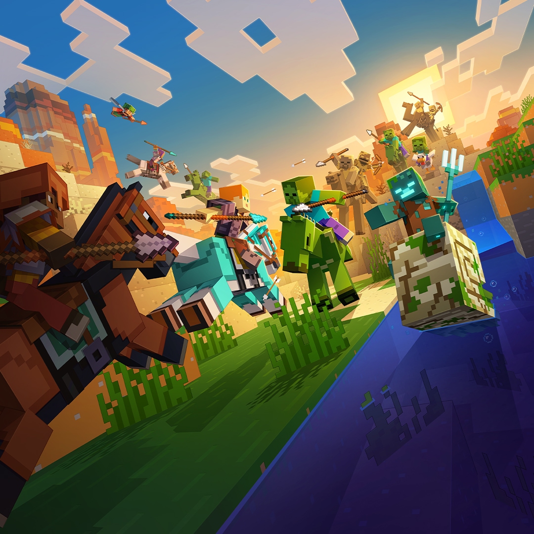 Vários personagens de Minecraft carregam lanças enquanto participam de disputas de justa em um cânion. Um afogado monta um náutilo em um rio enquanto empunha um tridente.