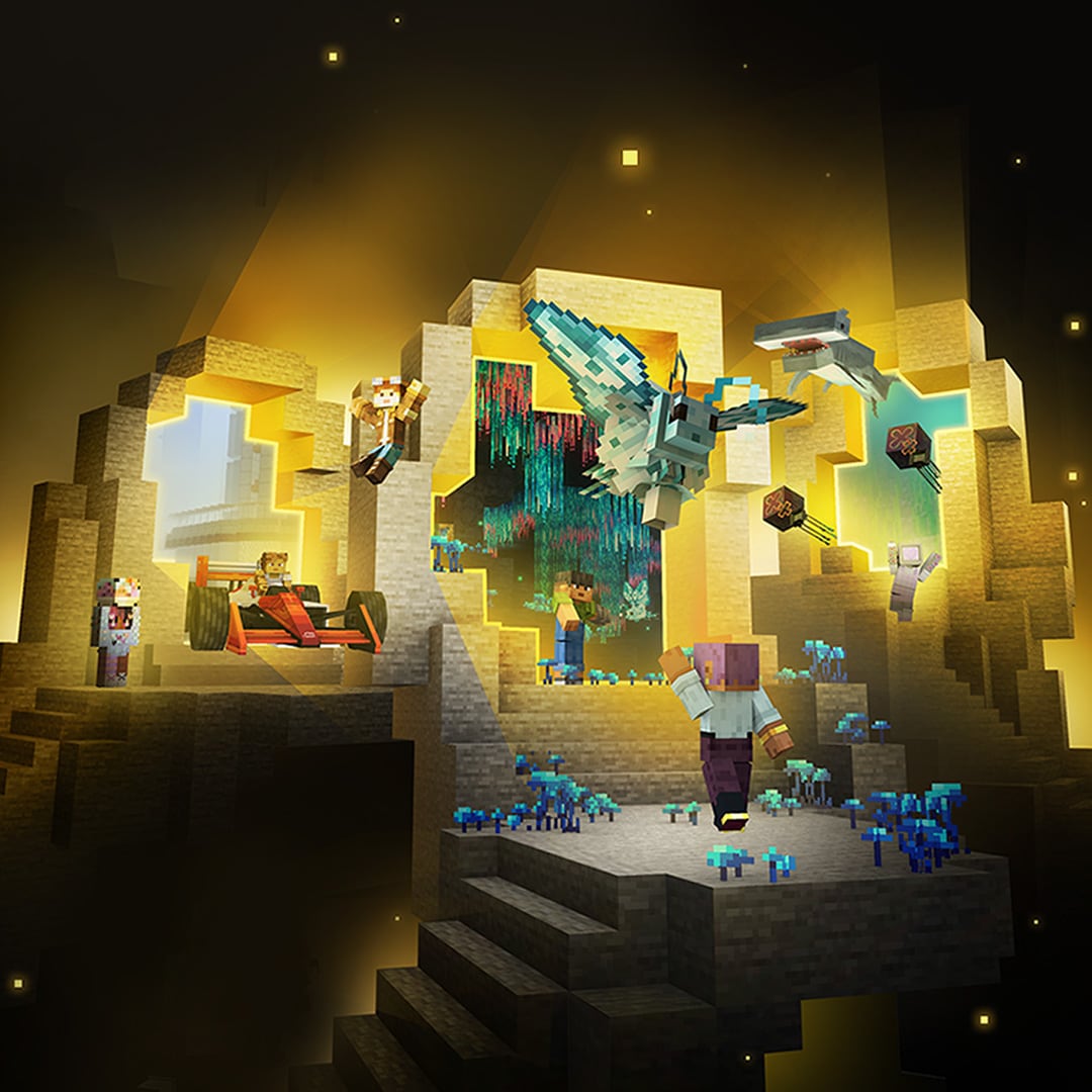 Players explore glowing portals filled with vehicles, creatures, and worlds from Minecraft Marketplace Pass.