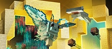 Players explore glowing portals filled with vehicles, creatures, and worlds from Minecraft Marketplace Pass.