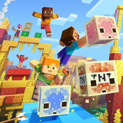 《Minecraft》角色在色彩繽紛的硫磺方塊上奔跑，內含冰塊、熔岩和 TNT 等方塊的硫磺立方怪則在場景中彈跳穿梭。