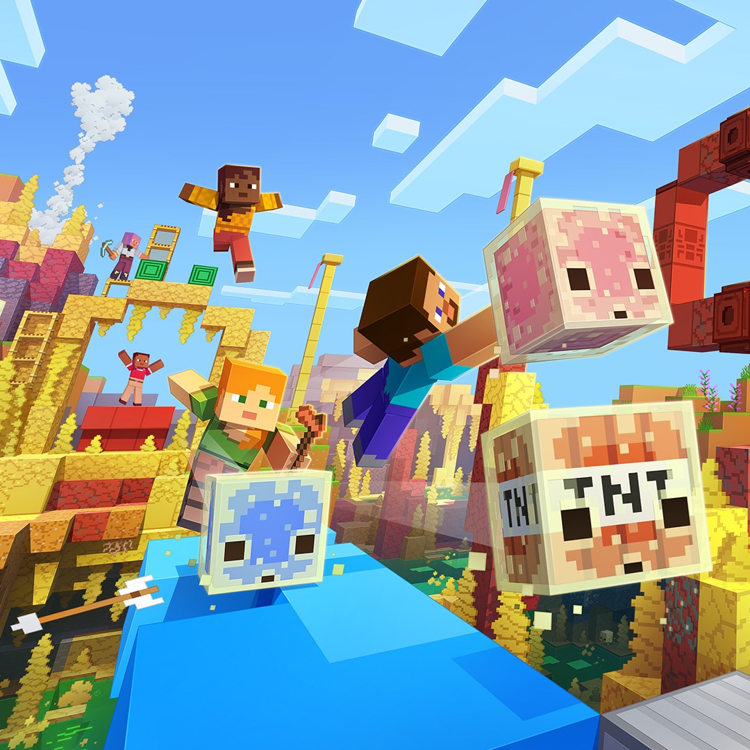 Персонажи Minecraft бегают по разноцветным блокам серы, скелет стреляет стрелами, а вокруг отскакивают серные кубы, содержащие блоки льда, лавы и тротила.