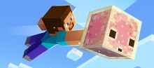 Персонажи Minecraft бегают по разноцветным блокам серы, скелет стреляет стрелами, а вокруг отскакивают серные кубы, содержащие блоки льда, лавы и тротила.