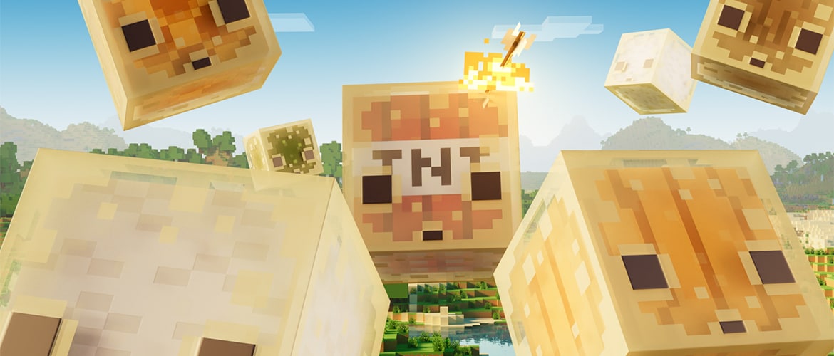 Several sulfur cubes flying through the air in the Overworld