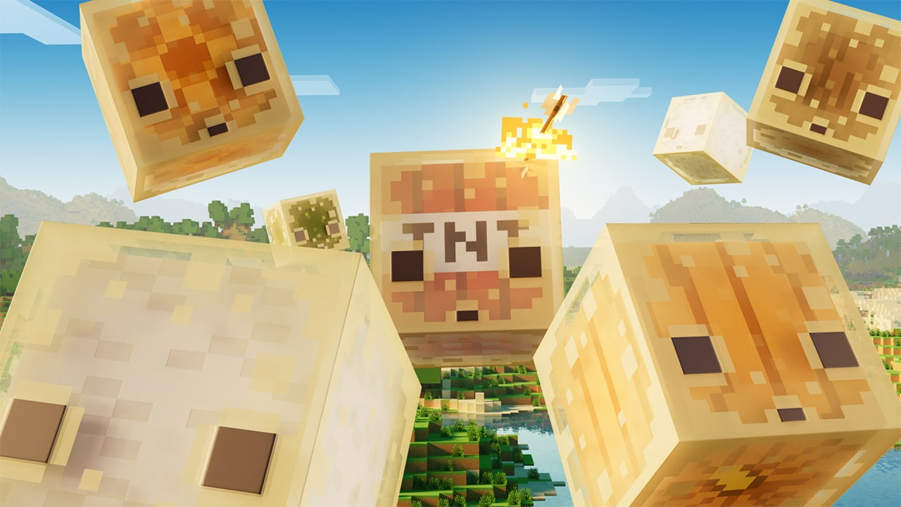 A variety of sulfur cubes flyting through the Overworld