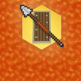 Pixelated Minecraft-style character in colorful armor with teal, orange, and purple accents; close-up of boots above