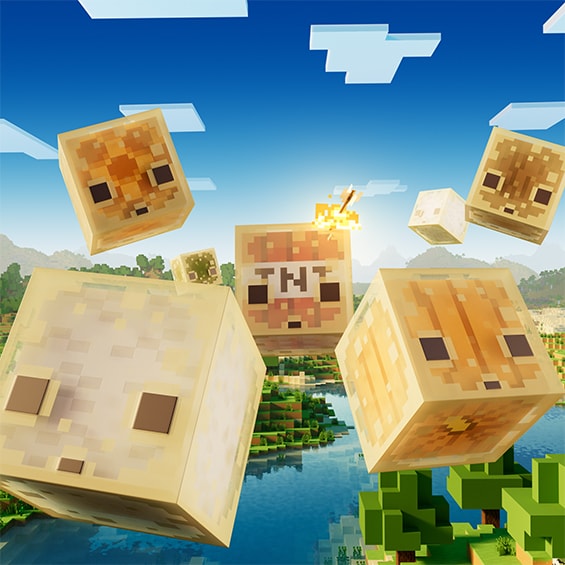 Several sulfur cubes flying through the air in the Overworld