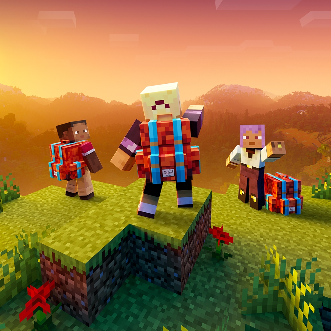 Minecraft-Figuren auf einem Hügel im Sonnenuntergang, die Herschel-Rucksäcke tragen