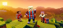 Minecraft-Figuren auf einem Hügel im Sonnenuntergang, die Herschel-Rucksäcke tragen