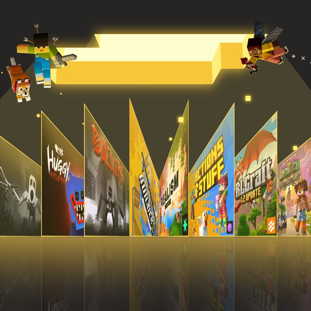 Minecraft characters descend from a bright hole in the ceiling onto slides of Marketplace downloadable content.