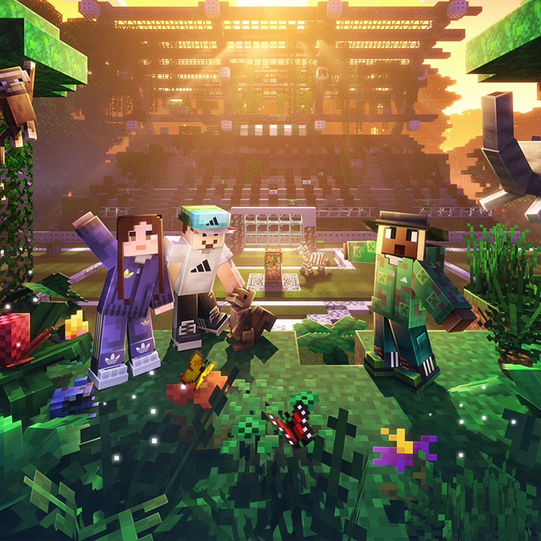 Three characters wearing adidas gear stand at the edge of a soccer stadium with several animals.