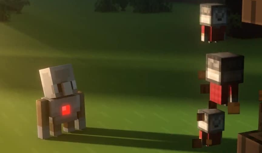 A small robot with a glowing red chest faces three robot-like mobs in red shirts under warm sunlight.