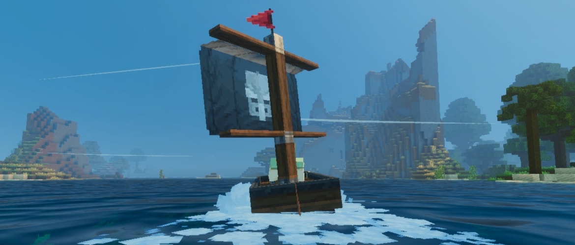 A dark sail with a skull symbol flaps as the boat heads toward towering cliffs and islands