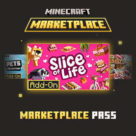 Minecraft Marketplace Pass banner for Slice of Life Add‑On Pink themed artwork shows cozy food furniture and characters around the Slice of Life logo