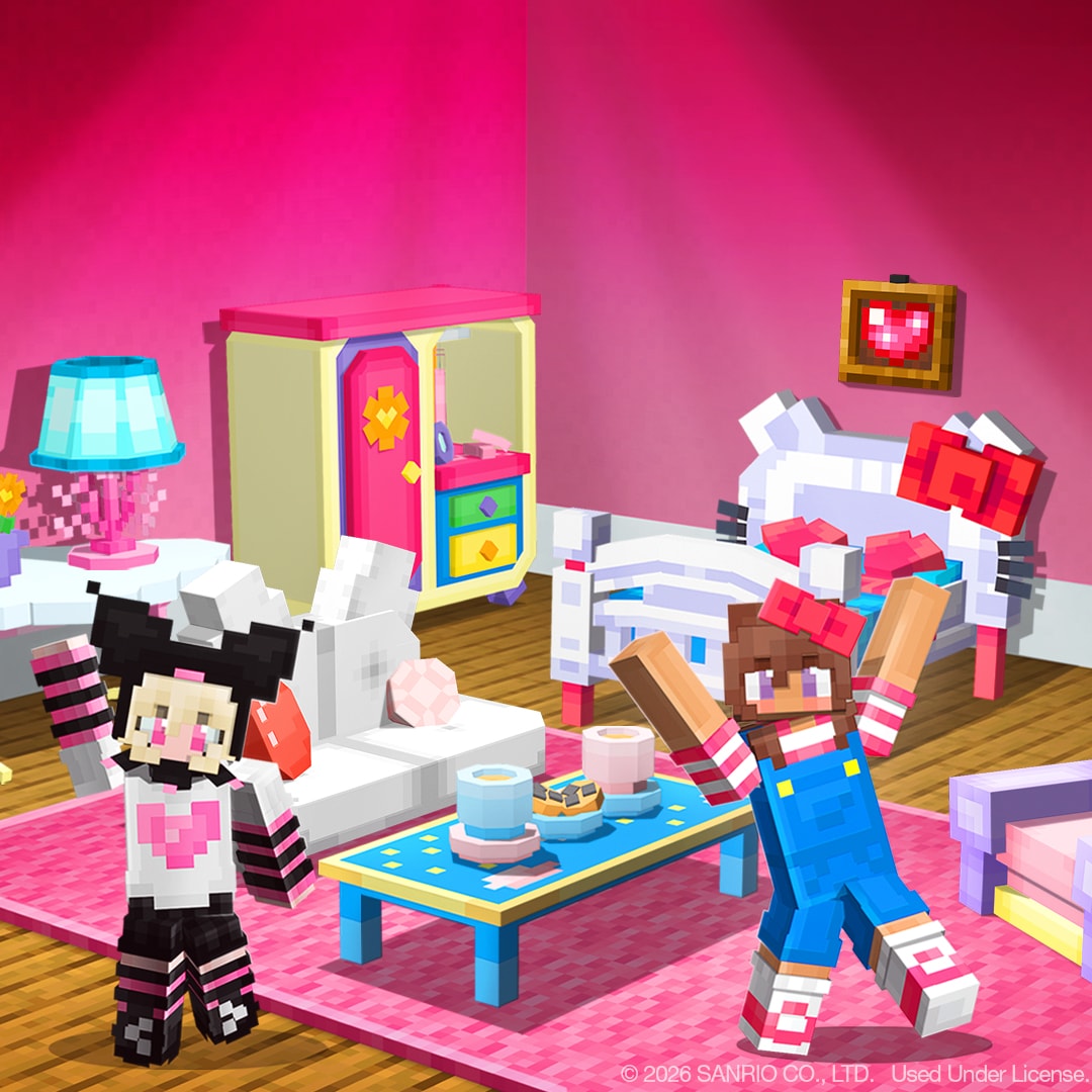 Minecraft players celebrate inside a Hello Kitty and Friends-themed room filled with colorful furniture.