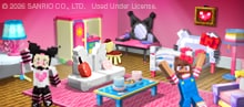 Minecraft players celebrate inside a Hello Kitty and Friends-themed room filled with colorful furniture.