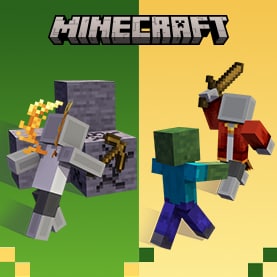 Minecraft promo artwork split into two scenes: left side shows a player mining stone blocks with a pickaxe, right side shows a player fighting a zombie with a wooden sword