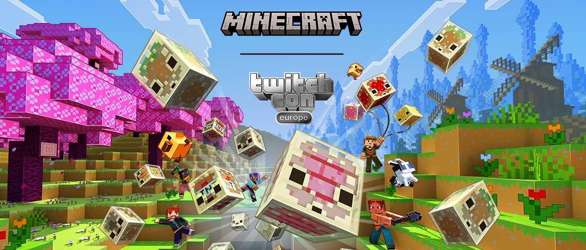 A variety of sulfur cubes, mobs, and characters flying through the Overworld. Overlayed are the Minecraft and TwitchCon Europe logos.