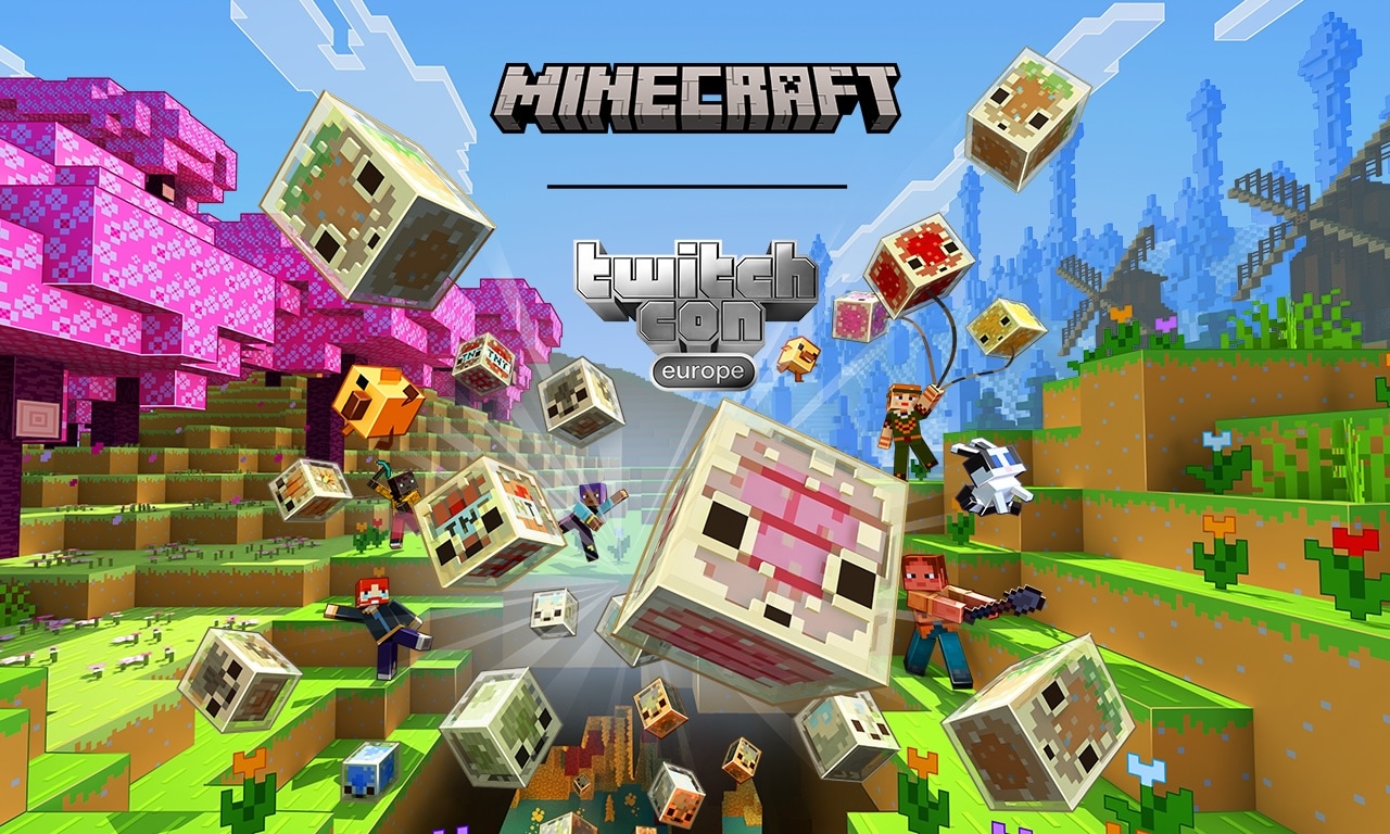 A variety of sulfur cubes, mobs, and characters flying through the Overworld. Overlayed are the Minecraft and TwitchCon Europe logos.