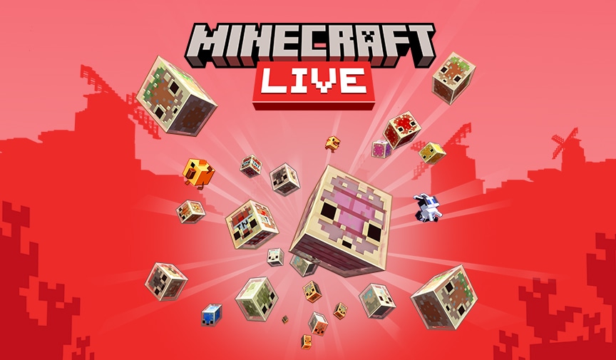 A variety of sulfur cubes, mobs, and characters flying over a red background. Overlayed are the Minecraft and TwitchCon Europe logos.