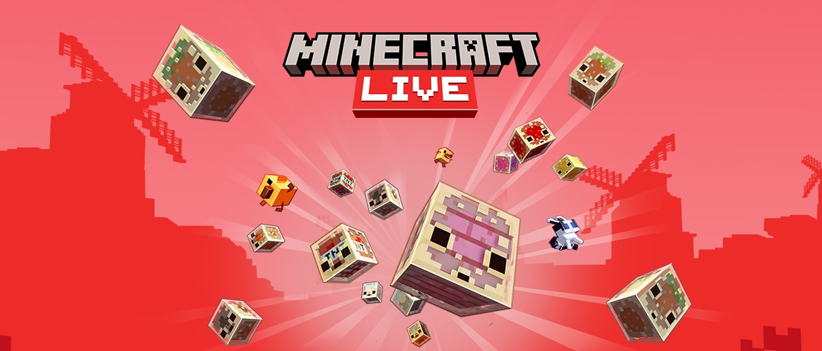 A variety of sulfur cubes, mobs, and characters flying over a red background. Overlayed is the Minecraft Live logo.