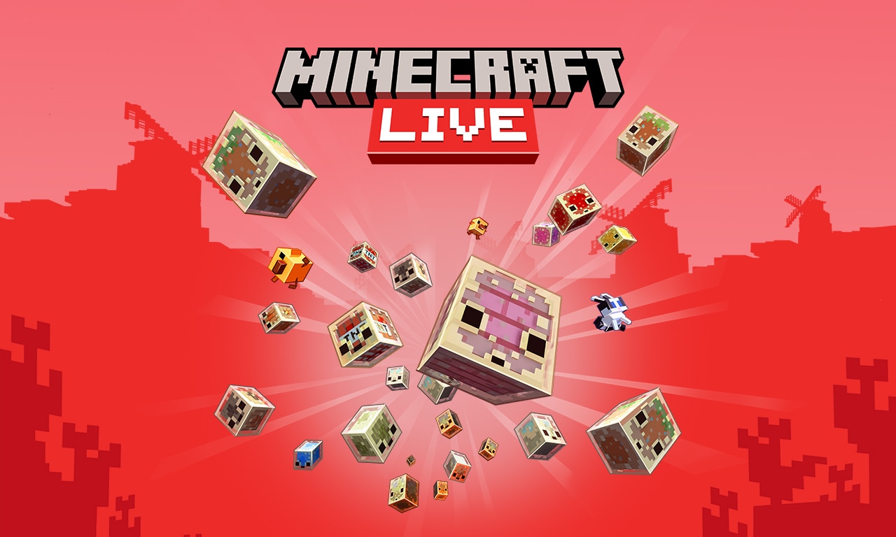 A variety of sulfur cubes, mobs, and characters flying over a red background. Overlayed is the Minecraft Live logo.