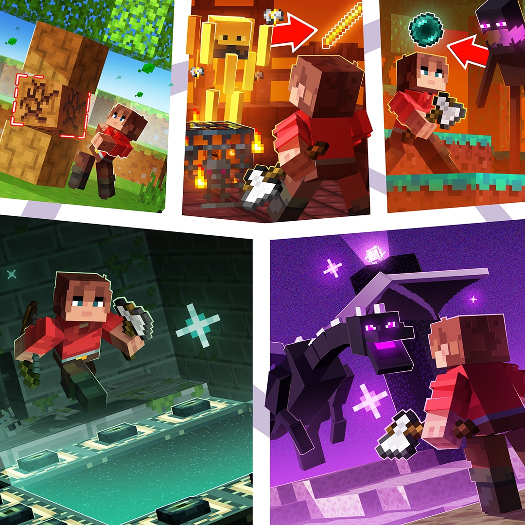 A collage of Minecraft scenes shows a player gathering wood, entering the Nether, fighting mobs, and confronting the Ender Dragon.