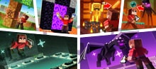 A collage of Minecraft scenes shows a player gathering wood, entering the Nether, fighting mobs, and confronting the Ender Dragon.