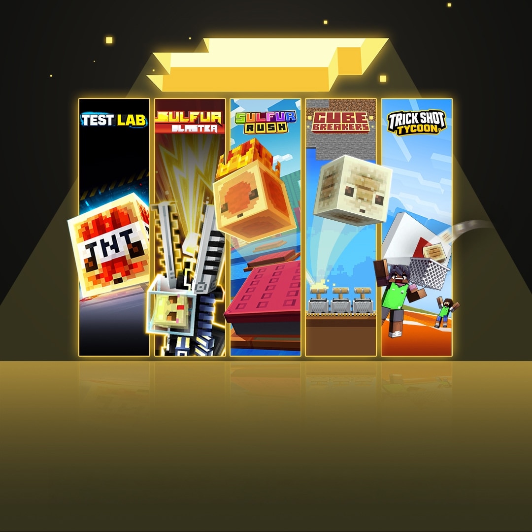Minecraft characters and sulfur cubes appear across five minigame cards. Text reads: Test Lab, Sulfur Blaster, Sulfur Rush, Cube Breakers, and Trick Shot Tycoon.