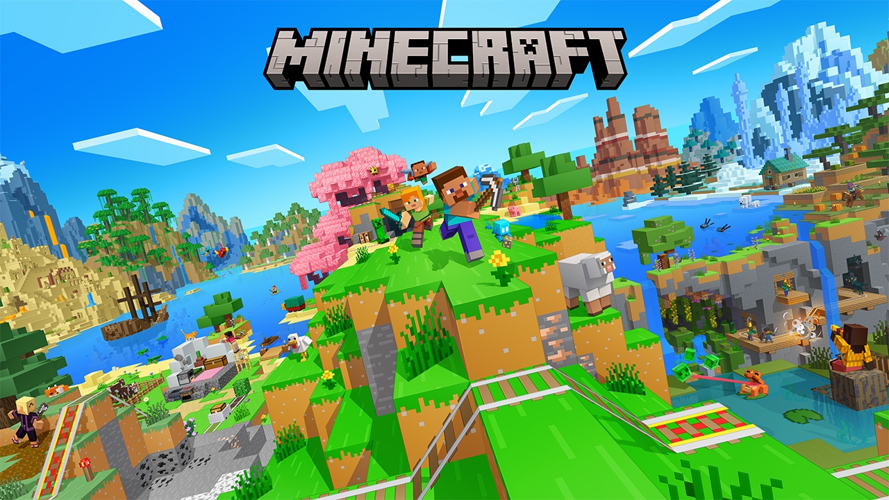Minecraft promotional artwork showing Steve and Alex running across a grassy Overworld biome. A cherry blossom tree, sheep, creeper, and other mobs appear around them beneath the Minecraft logo.