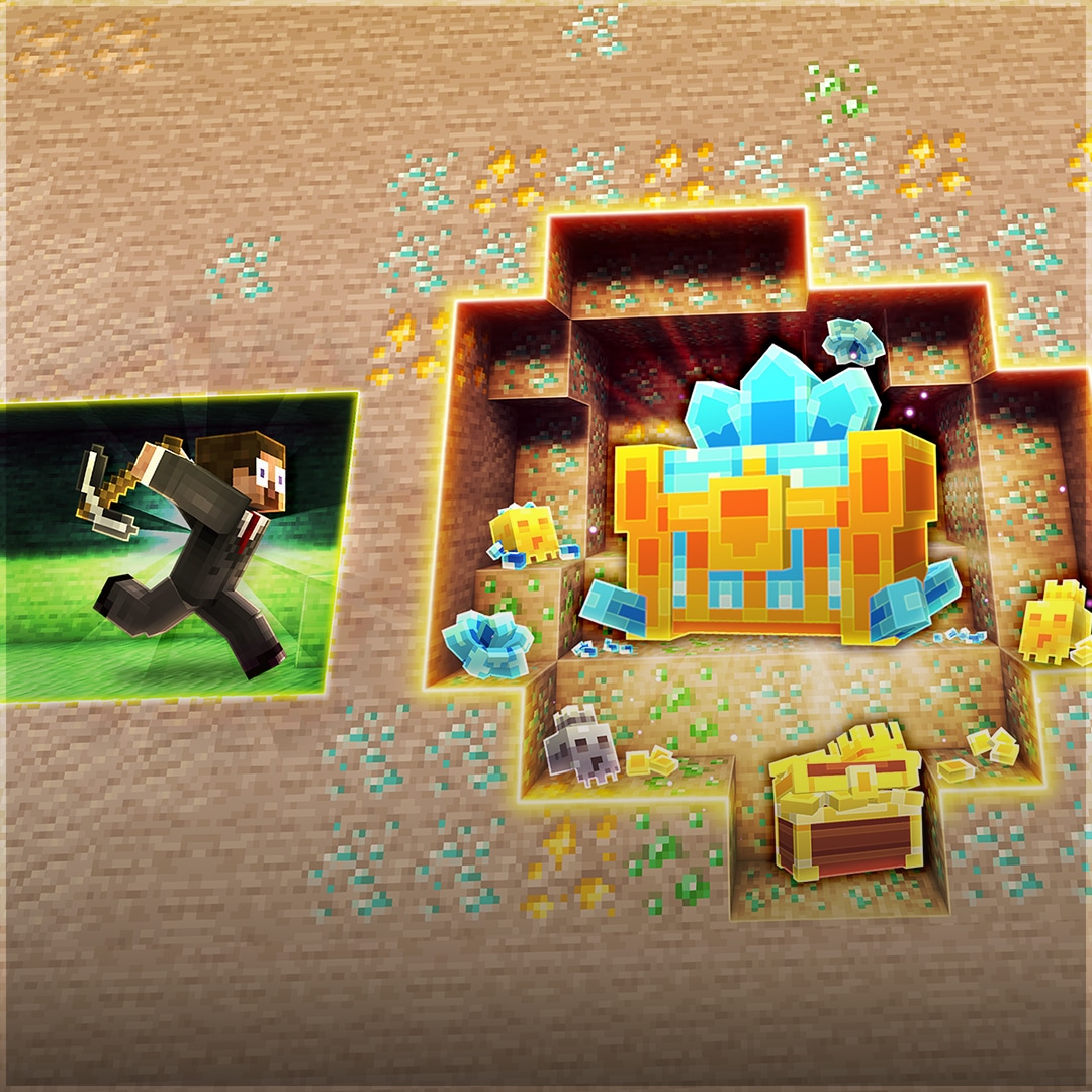 Two Minecraft players compete to reach a crystal-filled treasure chest hidden beneath ore-rich terrain.