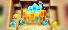 Two Minecraft players compete to reach a crystal-filled treasure chest hidden beneath ore-rich terrain.