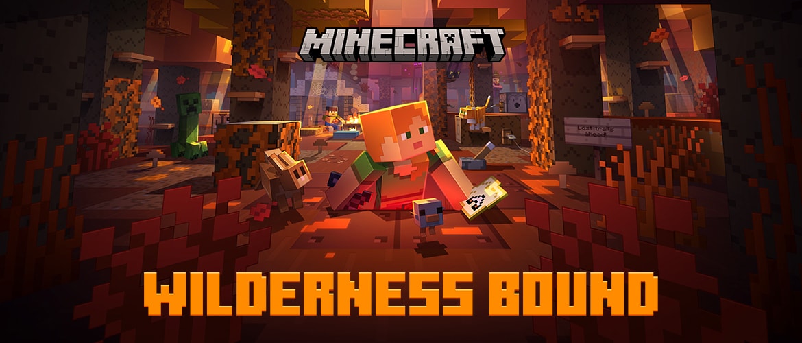 Alex peeking out of a hole holding a map in the dappled forest with Wilderness Bound written below