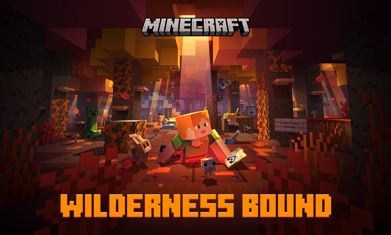 Alex pops up from a hole in an amber-hued forest holding a sword and a map. A sign says: Lost trails ahead! Large text reads: Minecraft Wilderness Bound.