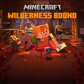 Alex peeking out of a hole holding a map in the dappled forest with Wilderness Bound written below