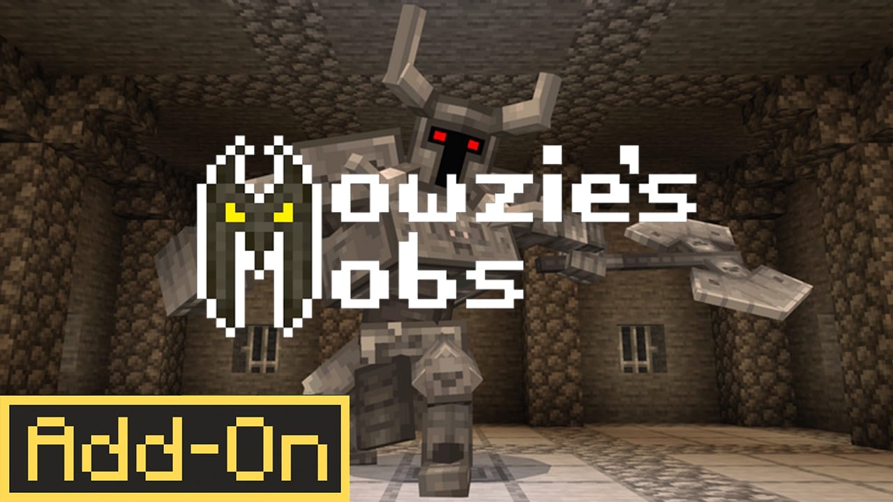 A towering stone armored mob with glowing red eyes charges forward inside a dim, carved‑stone chamber. Text reads “Mowzie’s Mobs Add‑On” over the scene.