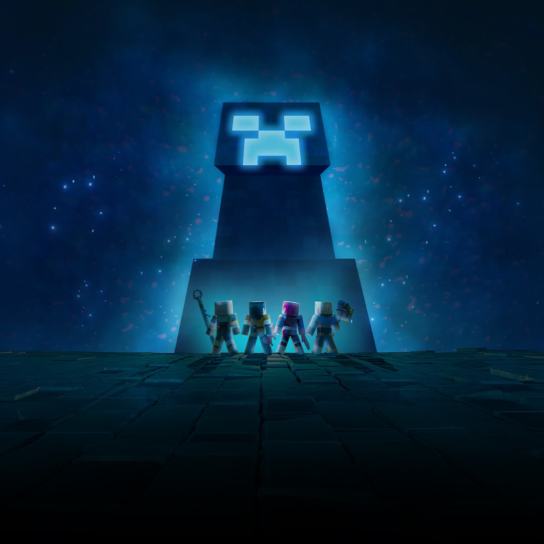 Vier Minecraft Dungeons-Spielerfiguren stehen unter einem Sternenhimmel vor einem riesigen, hoch aufragenden Creeper.