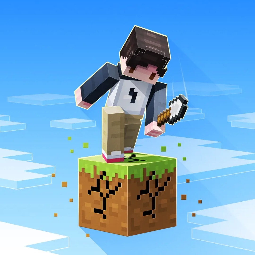 Minecraft-pelaaja, joka seisoo taivaalla leijuvalla mutakuutiolla ja kaivaa sitä lapiolla.
