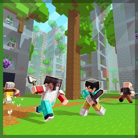 Minecraft players charge into battle with swords in a lush green forest of towering trees and ruins.