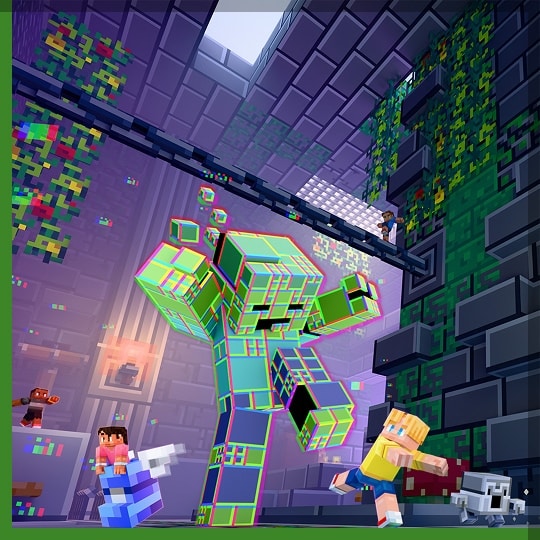 Two Minecraft players flee a giant glowing green creeper-like creature inside a maze of stone walls.