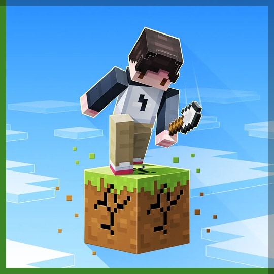 A Minecraft character balances on a single floating grass block against a bright sky, holding a shovel.